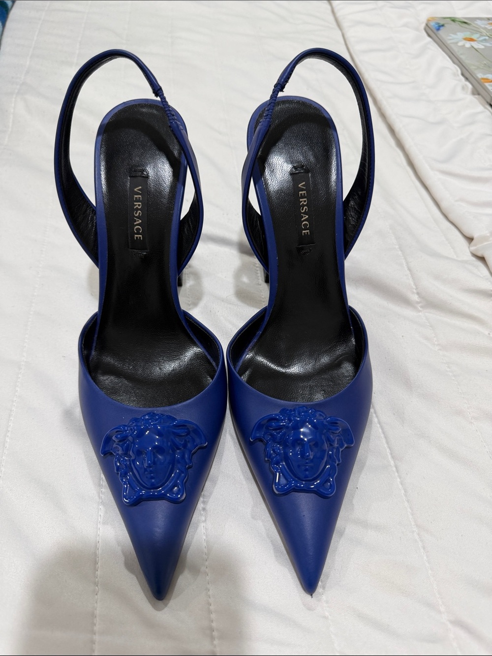 Versace Royal Blue Medusa Pointed Slingback Heels